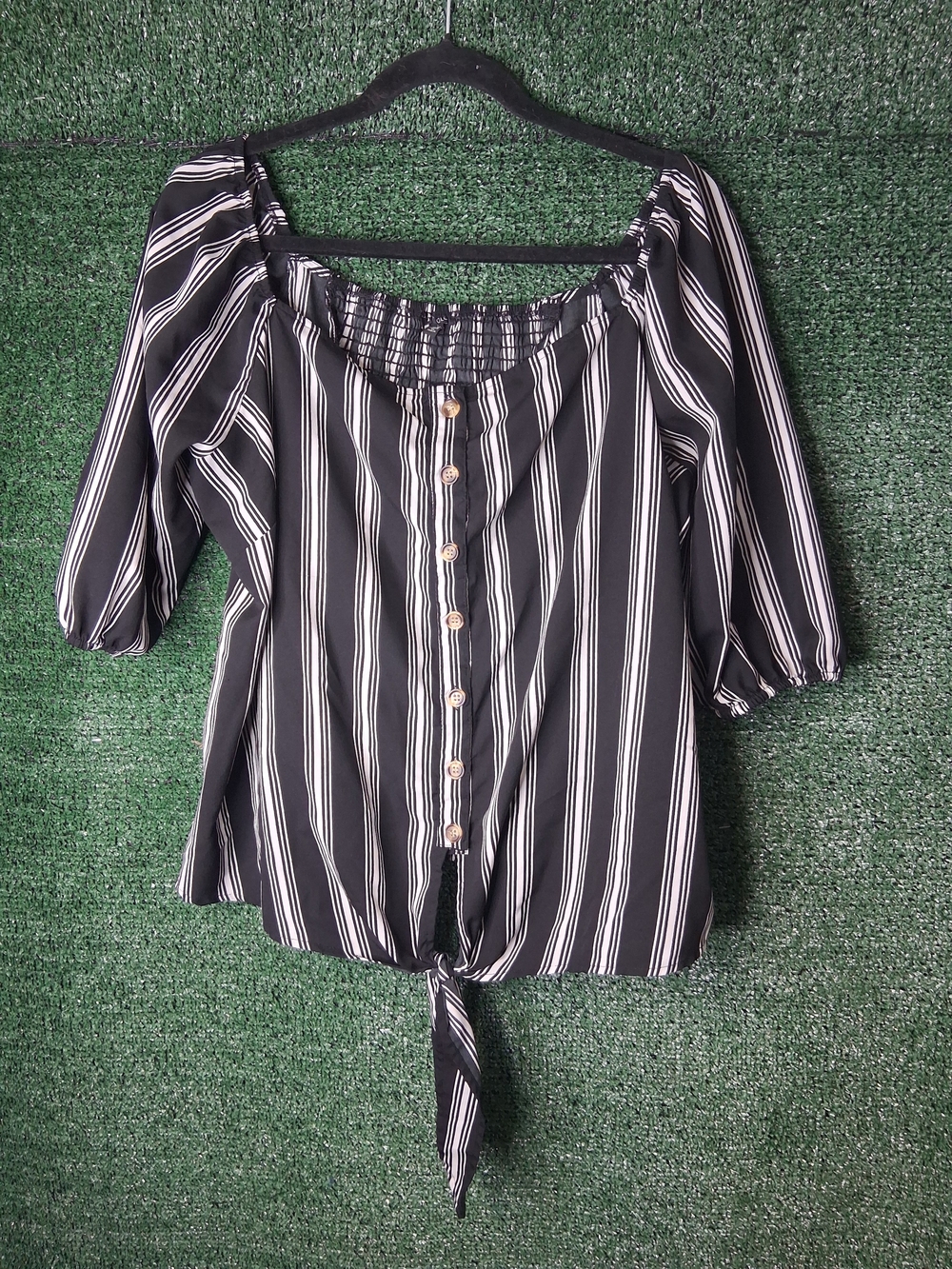 As U Wish Black & White Striped Tie Front Top 2X